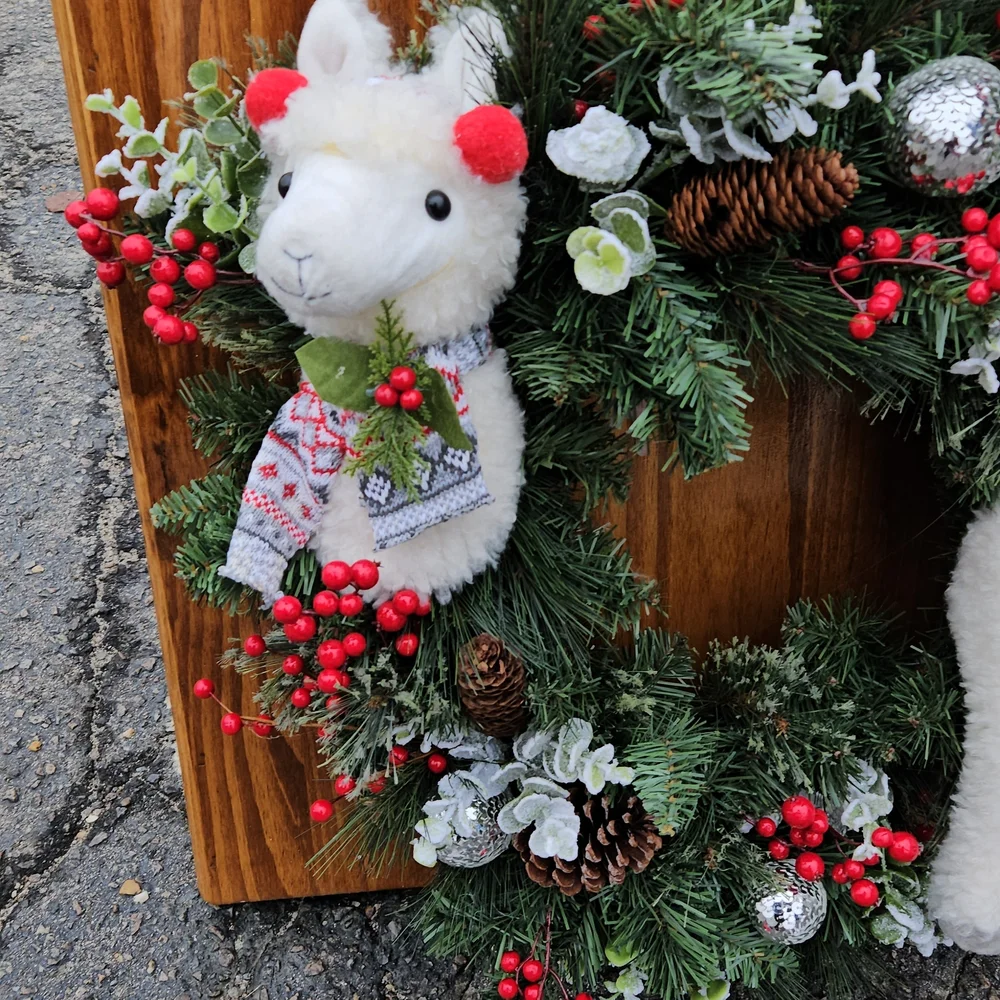 Festive Llama Holiday Wreath with Red Berries